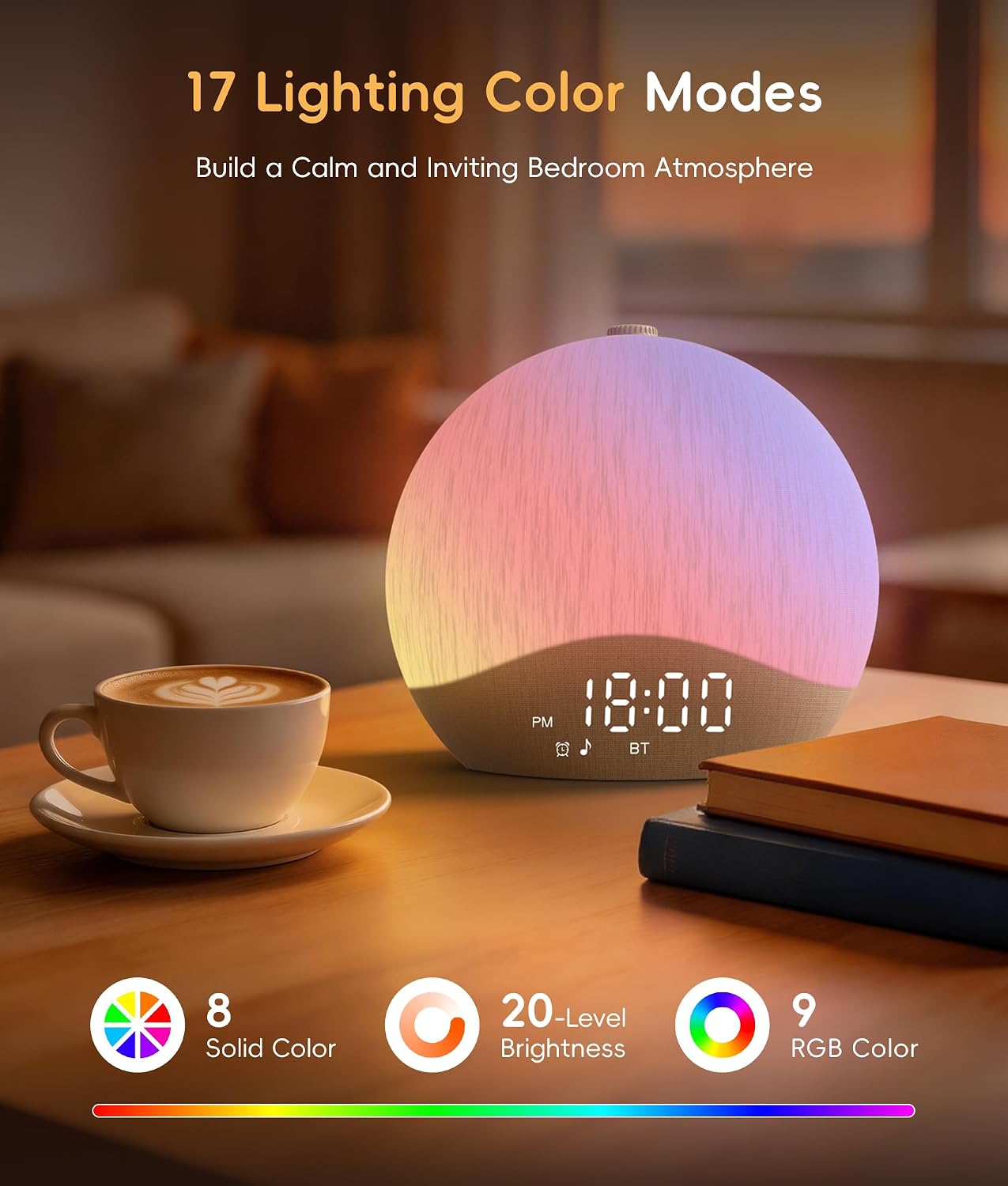 ecozy Sunrise Alarm Clock, White Noise Machine, Sound Machine for Bedroom, Wake Up Light with BT Speaker, 26 Sleep Sounds, 17 Night Lights, Dimmable Digital Clock for Adults, Kids