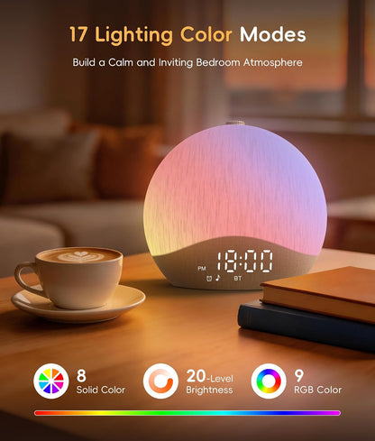 ecozy Sunrise Alarm Clock, White Noise Machine, Sound Machine for Bedroom, Wake Up Light with BT Speaker, 26 Sleep Sounds, 17 Night Lights, Dimmable Digital Clock for Adults, Kids