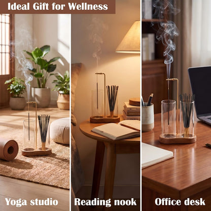 Incense Holder for Sticks with Glass Ash Catcher - Upside Down Anti-Ash Flying Incense Burner & Stick Storage Organizer, Ideal for Meditation, Yoga, Zen Home Decor, Spa Relaxation Gift