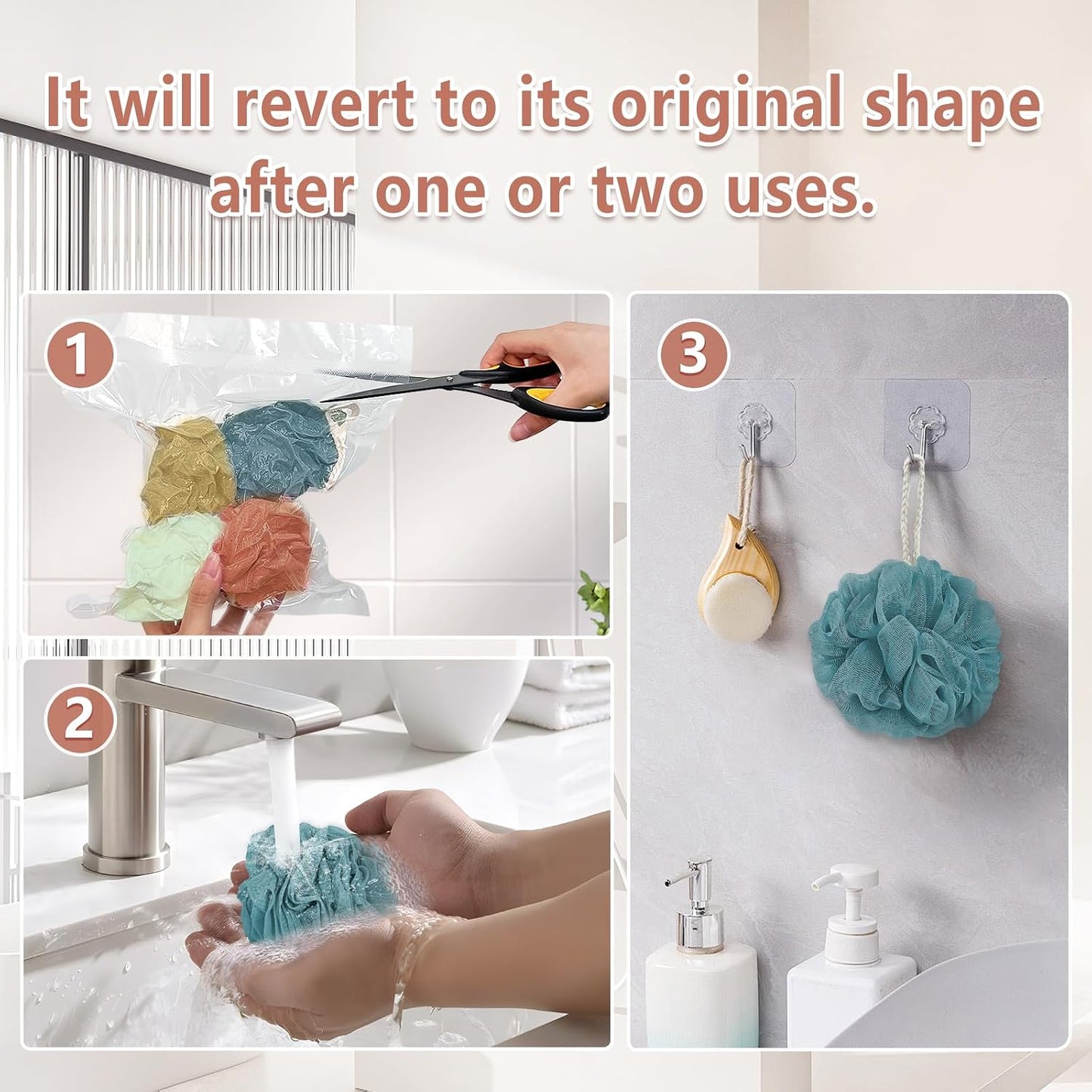 Rnoafmu Shower Loofah Bath Sponge, 60G Loofah Exfoliating Body Scrubber, 4 Color Mesh Shower Pouf Balls for Body Wash (Pink Green White Gray)