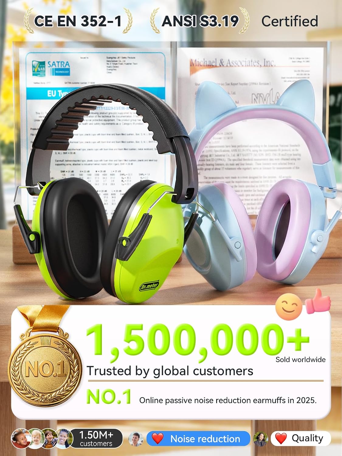 Dr.meter Ear Muffs for Noise Reduction: 27.4SNR Noise Cancelling Headphones for Kids Adults, EM100 Adjustable Hearing Protection Earmuffs for Monster Jam, Autism Sensory, Concerts, Fireworks
