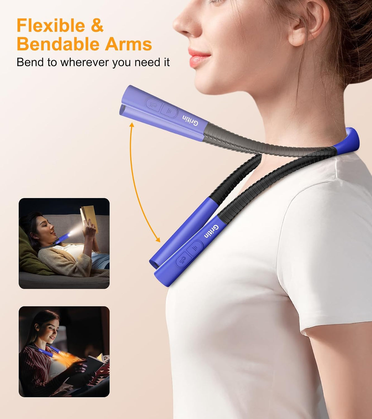 Gritin Book Light,Eye Caring 3 Colors & Stepless Dimming Neck Reading Light