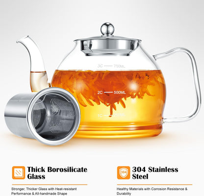 STNTUS Glass Teapot, 40 oz. / 1200 ml for Loose Tea, With Infuser and Stainless Steel Strainer, Stovetop Safe, 4-6 Cups