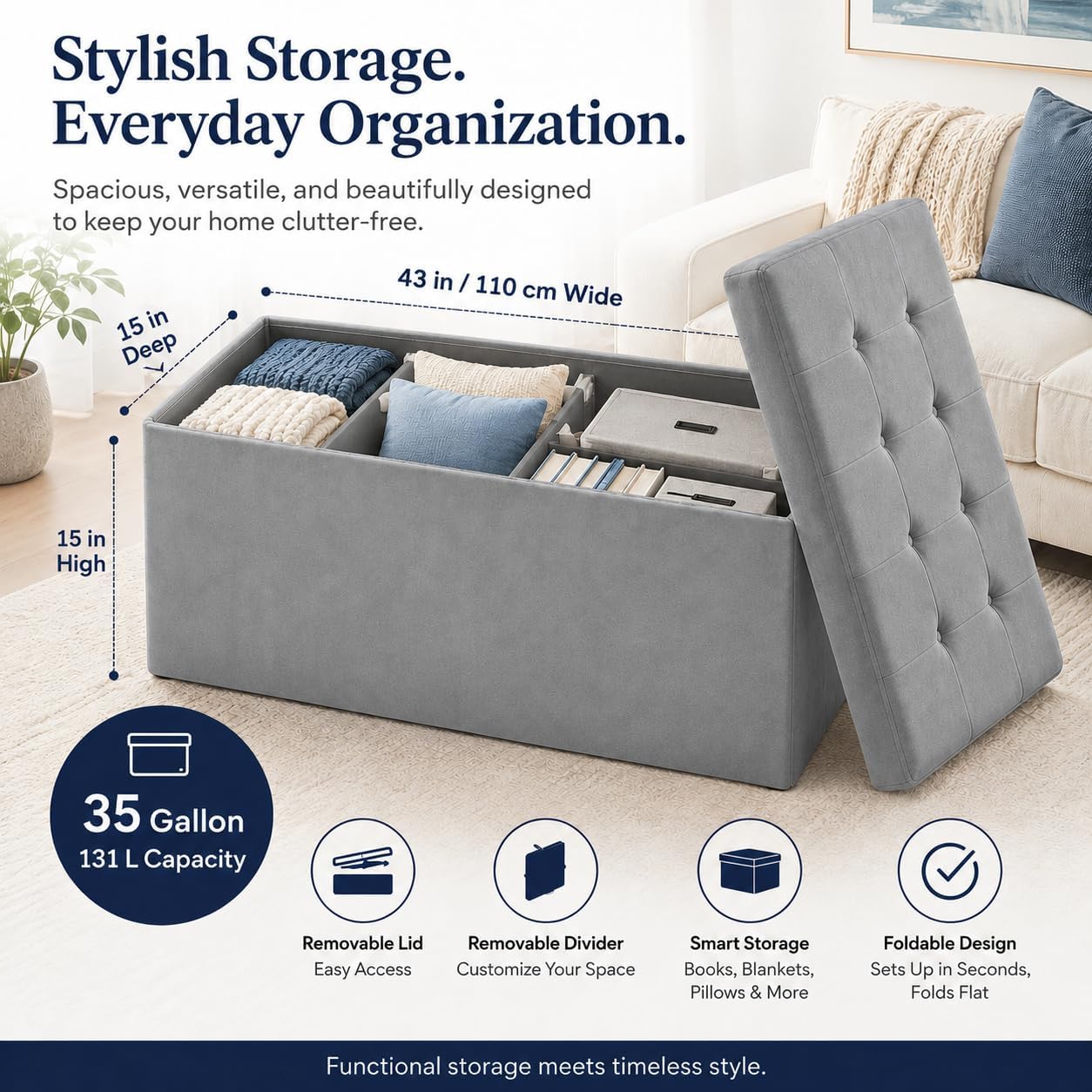ALASDO Storage Ottoman Footrest Stool Small Ottoman with Storage Foldable Ottomans Foot Rest Footstool Bench for Living Room 17x13x13inches Grey