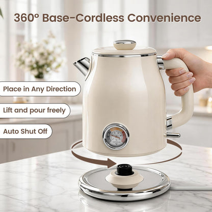 Mecity Retro Electric Kettle 1.7L, Stainless Steel Interior, Food-Grade Silicone Water Contact, Double Wall Cool Touch, 1500W Fast Boil, Thermometer (°F/°C), Wide Opening, Cream