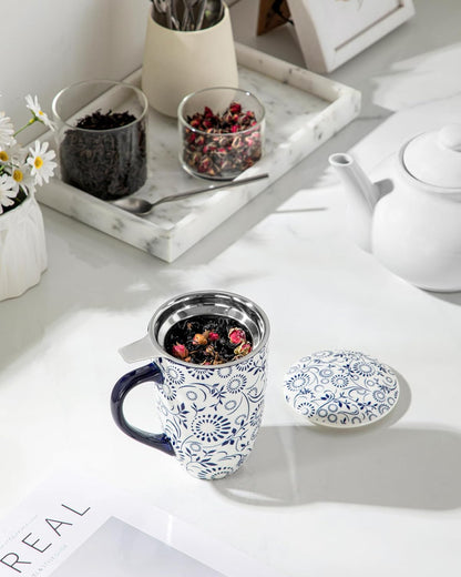 vancasso SELENE Porcelain Tea Mug, 18 oz Porcelain Tea Cup with Infuser and Lid Steeps Loose Leaf Tea, Microwave & Dishwasher Safe, Blossom Cluster