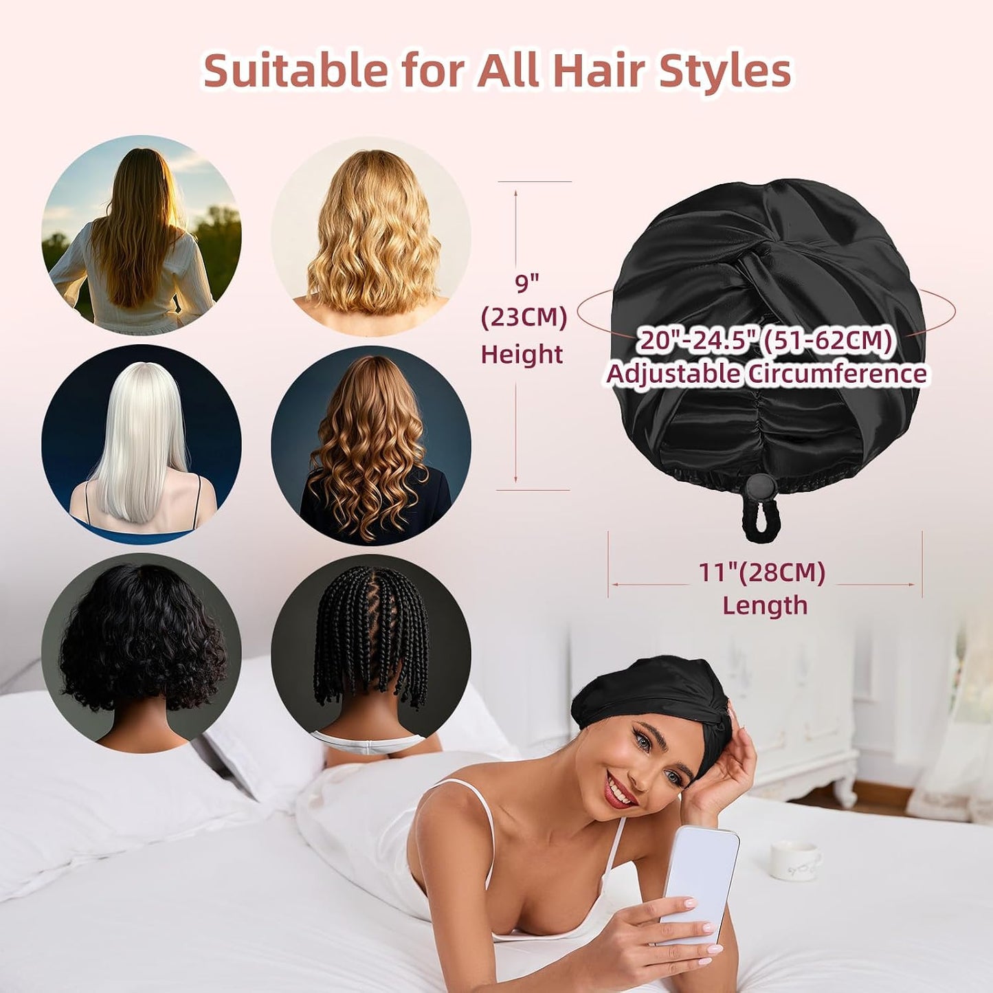 Adjustable Silk Satin Hair Bonnet for Sleeping Women, Double Layer, Silk Hair Wrap for Sleeping Women Men, Curly Natural Braid Straight Unisex - Pink