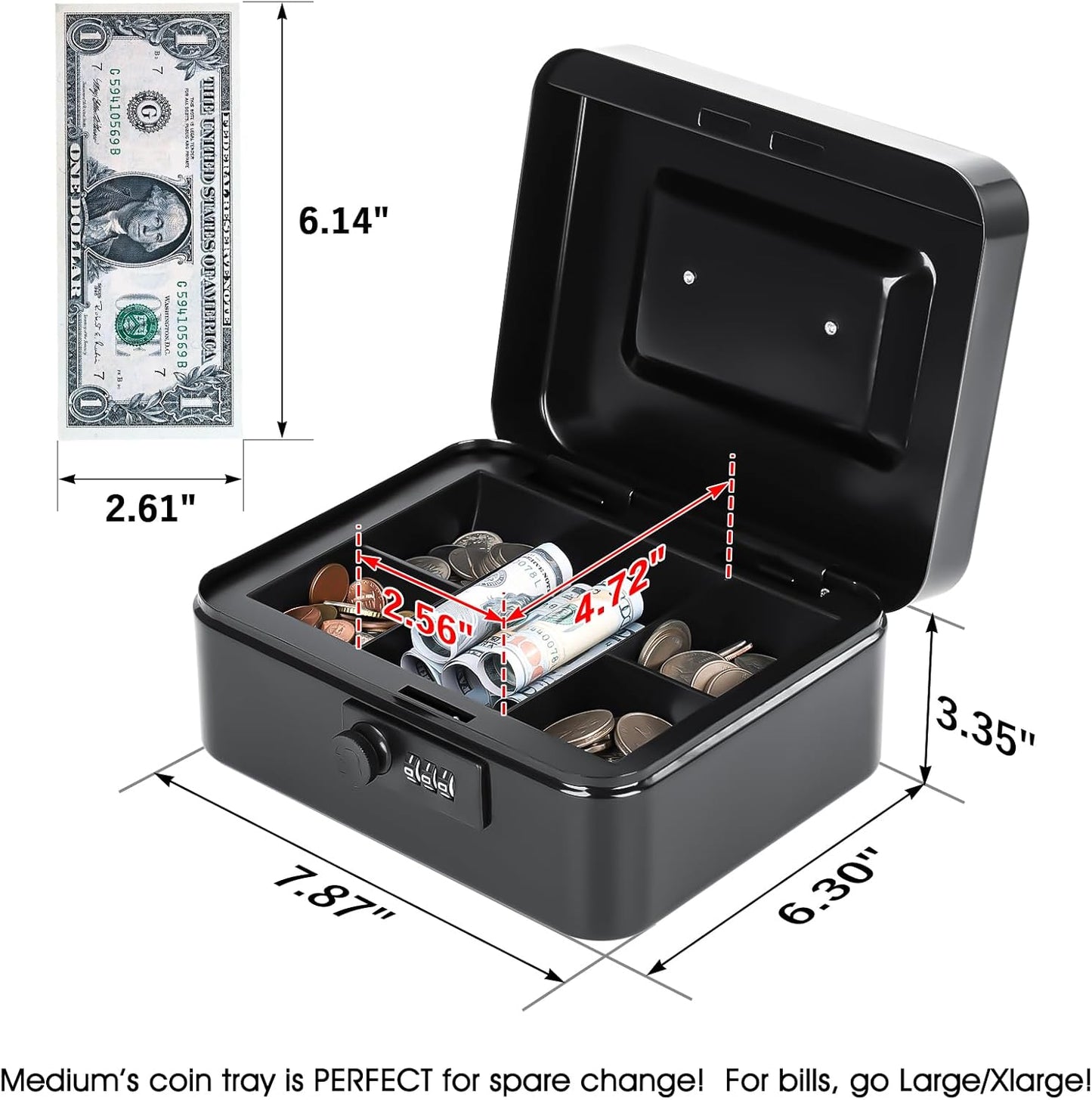 KYODOLED Small Cash Box with Combination Lock & Removable Money Tray, Black