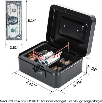 KYODOLED Small Cash Box with Combination Lock & Removable Money Tray, Black