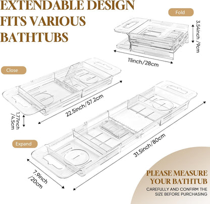 Expandable Clear Acrylic Bathtub Tray Caddy, Foldable Tub Bath Tray with Drain Slots, Slip-Resistant Waterproof Bathroom Shelf Caddy & Home Spa Gift for Women