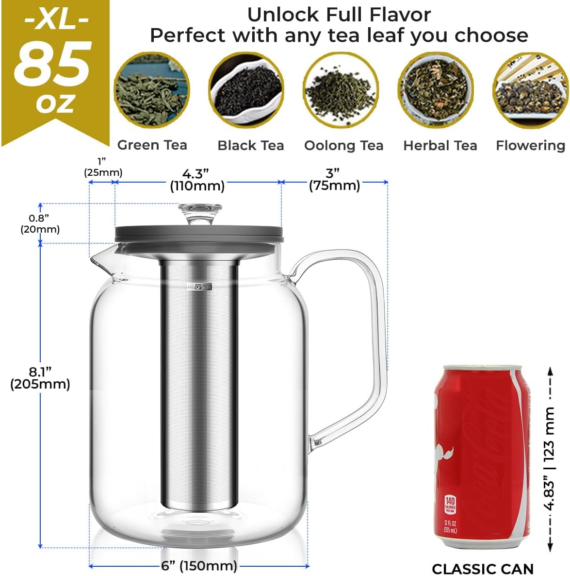 Aquach 68oz Glass Teapot Stovetop Safe with Loose Leaf Tea Steeper | Dishwasher Safe, Borosilicate Glass, Plastic-free, 68oz Family Capacity, Easy-clean Opening, Refrigerator Friendly