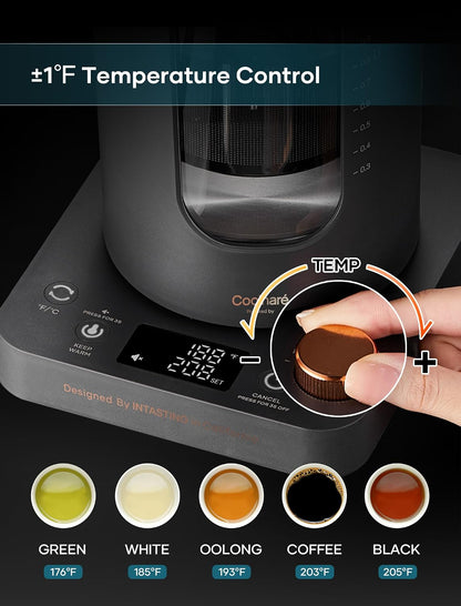 INTASTING Electric Tea Kettle, Electric Kettle with Tea Infuser, ±1℉ Knob Temperature Control, BPA-Free Glass, 1200W Fast Heating, Easy to Clean, 1 Liter (Dark Gray)