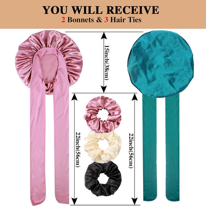 2+3 Large Satin Bonnets with Scrunchies for Women, Hair Bonnet Sleeping Tie Bonnet for Braids Curly Hair