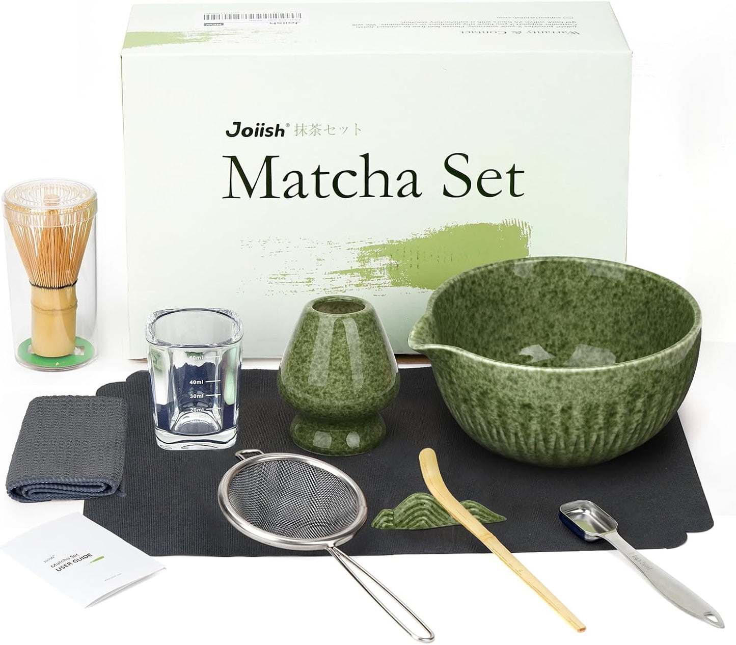 Joiish Matcha Whisk Set, Matcha Kit 10-Pcs, Bamboo Whisk and Ceramic Bowl with Spout & Measuring Spoon & Cup, Japanese Ceremony Matcha Tea Powder Making Tools, Light Green