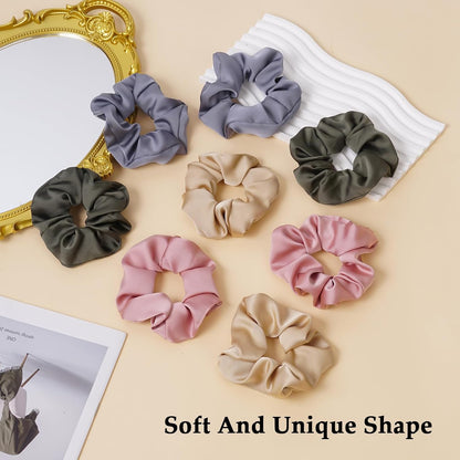 Satin Scrunchies for Women – 8PCS Blush & Brown Silk Hair Ties Set – No Crease, Frizz-Free, Gentle Elastic Hair Bands, Soft & Stylish Everyday Hair Accessories Gifts