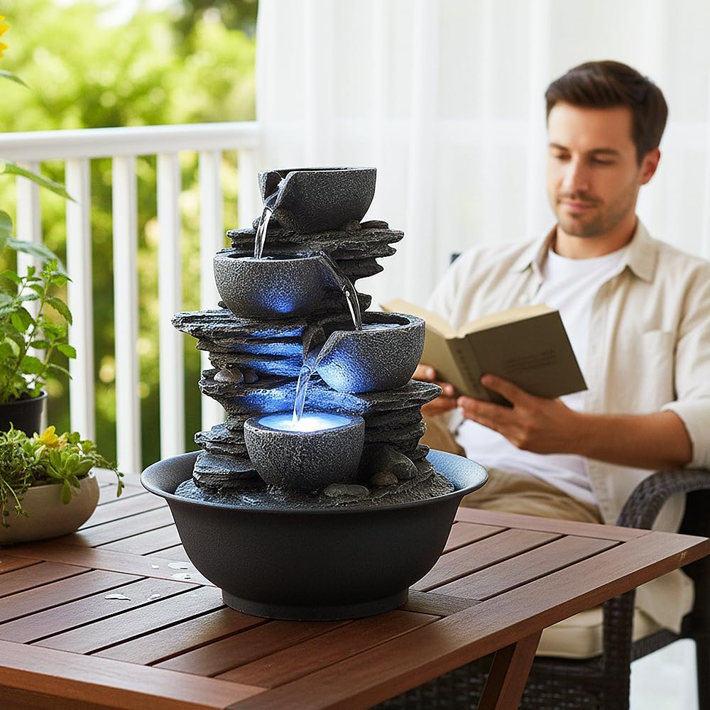 15.7” High Rock Falls Tabletop Water Fountain with LED Lights - Indoor 5-Tier Cascading Fountain for Home and Office Decor (Gray_3, 15.7" high)