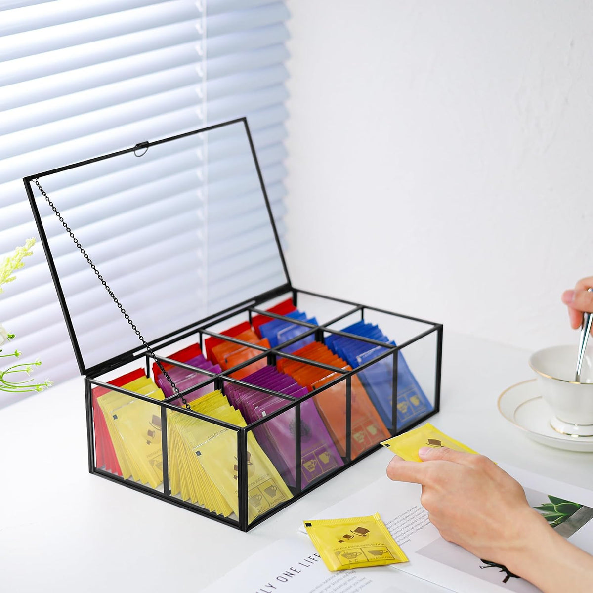REDHUGO Glass Tea Bag Organizer, 8-Compartment Tea Storage Box, Gold