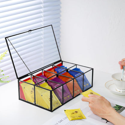 REDHUGO Glass Tea Bag Organizer, 8-Compartment Tea Storage Box, Gold
