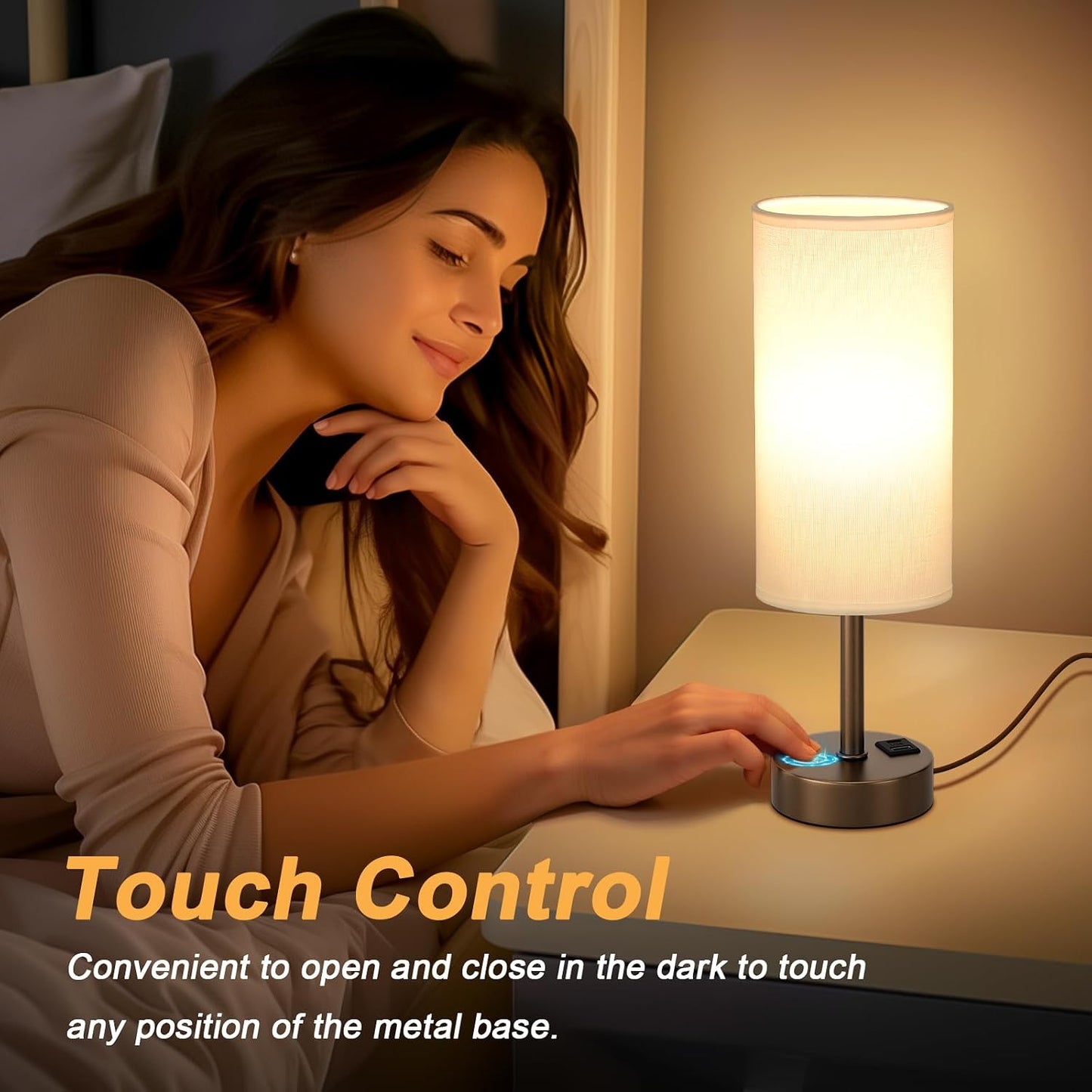 Dicoool Touch Table Lamp for Bedroom, 3 Way Dimmable Bedside Lamp with USB C & A Charging Ports - Small Desk Lamp for Dorm Room, College, Kids, Office, Living Room, White