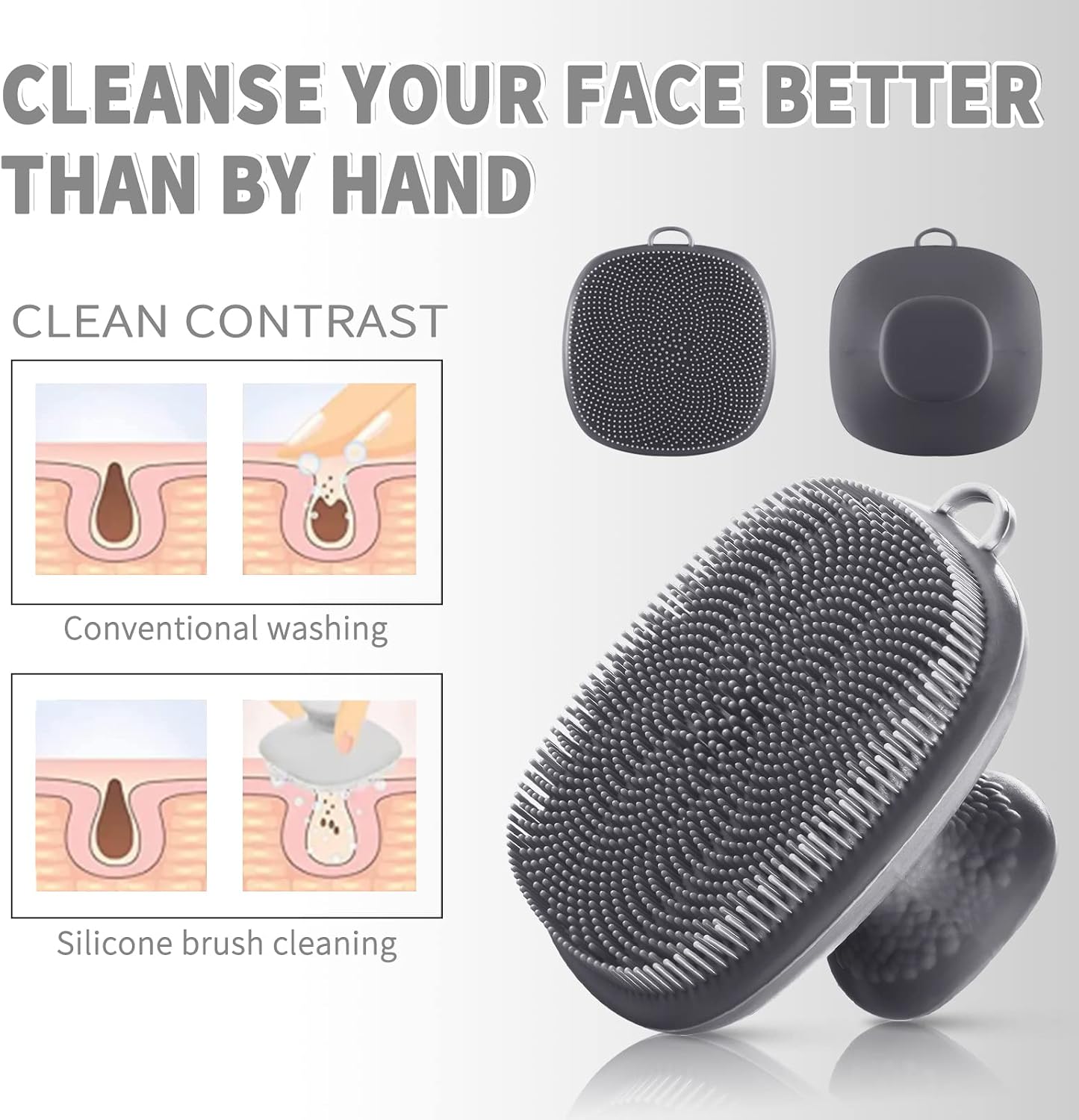 Back Scrubber for Shower & Face Scrubber, 2Pcs Silicone Exfoliating Brush Set with 17In Long Handle, Soft Body & Facial Cleansing Scrubber for Men Women