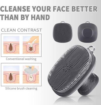 Back Scrubber for Shower & Face Scrubber, 2Pcs Silicone Exfoliating Brush Set with 17In Long Handle, Soft Body & Facial Cleansing Scrubber for Men Women