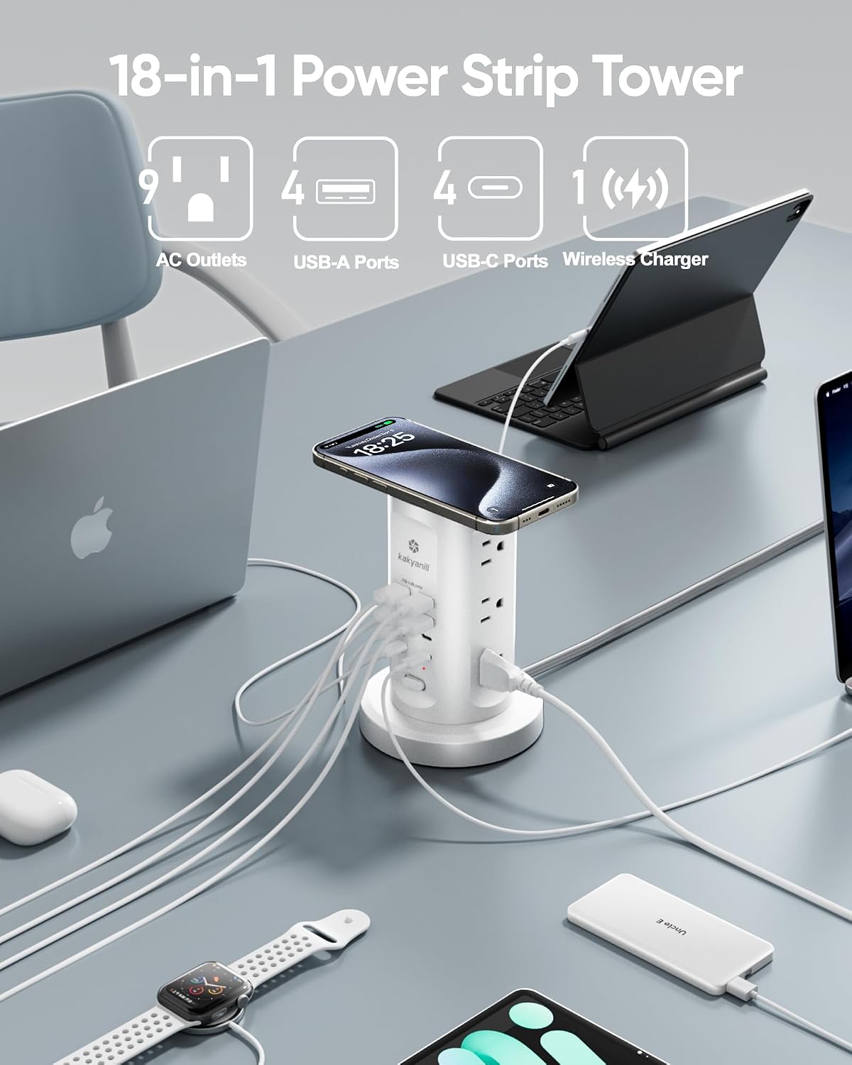 Kakyanill 115W USB Charging Station, Power Strip Tower with 9 AC 8 USB