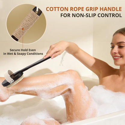 Back Scrubber for Shower, 15.7" Loofah with Handle, Back Shower Brush with Bristles and Loofah, Dry Brushing Body Brush for Cleanse Back and Hard to Reach Areas with Curved Long Handle