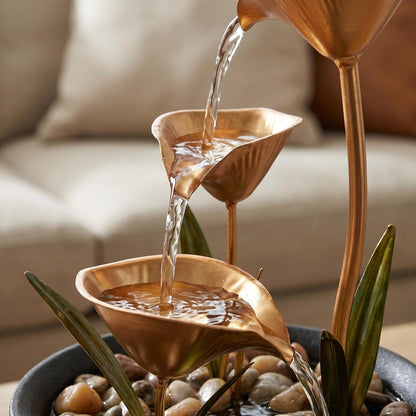 Tabletop Water Fountain Indoor, 10.6" Tiered Bowl Desktop Fountain with LED Light, Modern Zen Metal Waterfall Fountain for Office Desk, Home Office, Bedroom & Living Room Decor, Gold