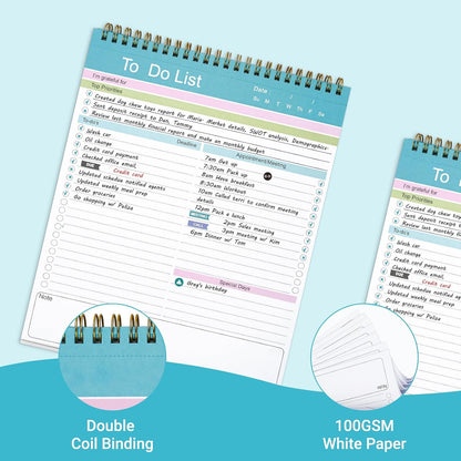 To Do List Notepad, Spiral Bound Undated Daily Planner, 52 Sheets 8.5" X 10.5" Tear Off Task Planning Pad with Checklist, For Work Office Home