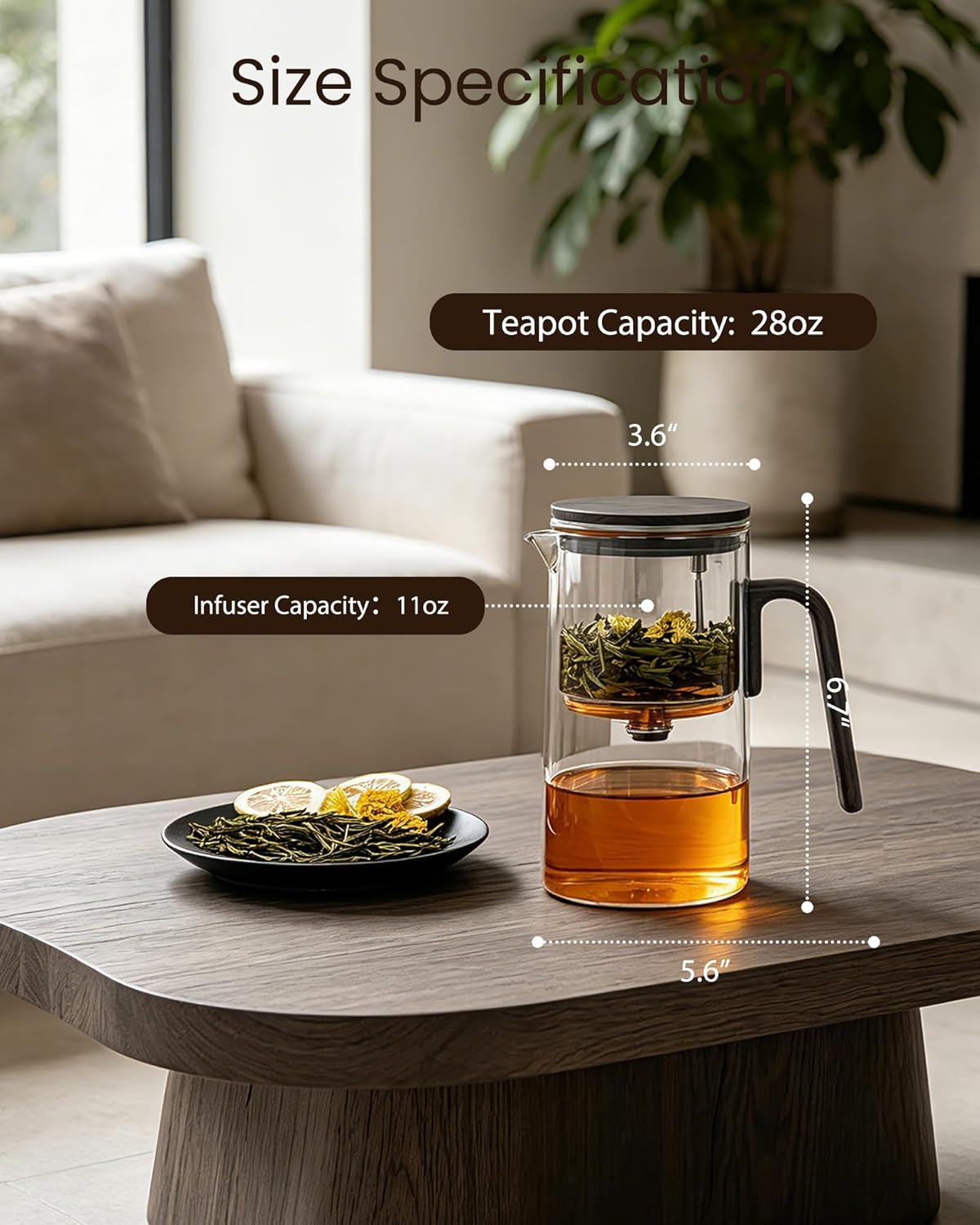 ZENS Magnetic Tea Pot, Enchanted Glass Teapot with Infuser and Magnetic Suction Lid for Mess-Free Loose Tea Diffusers, Walnut Wood Handle, Tea Lovers Gifts