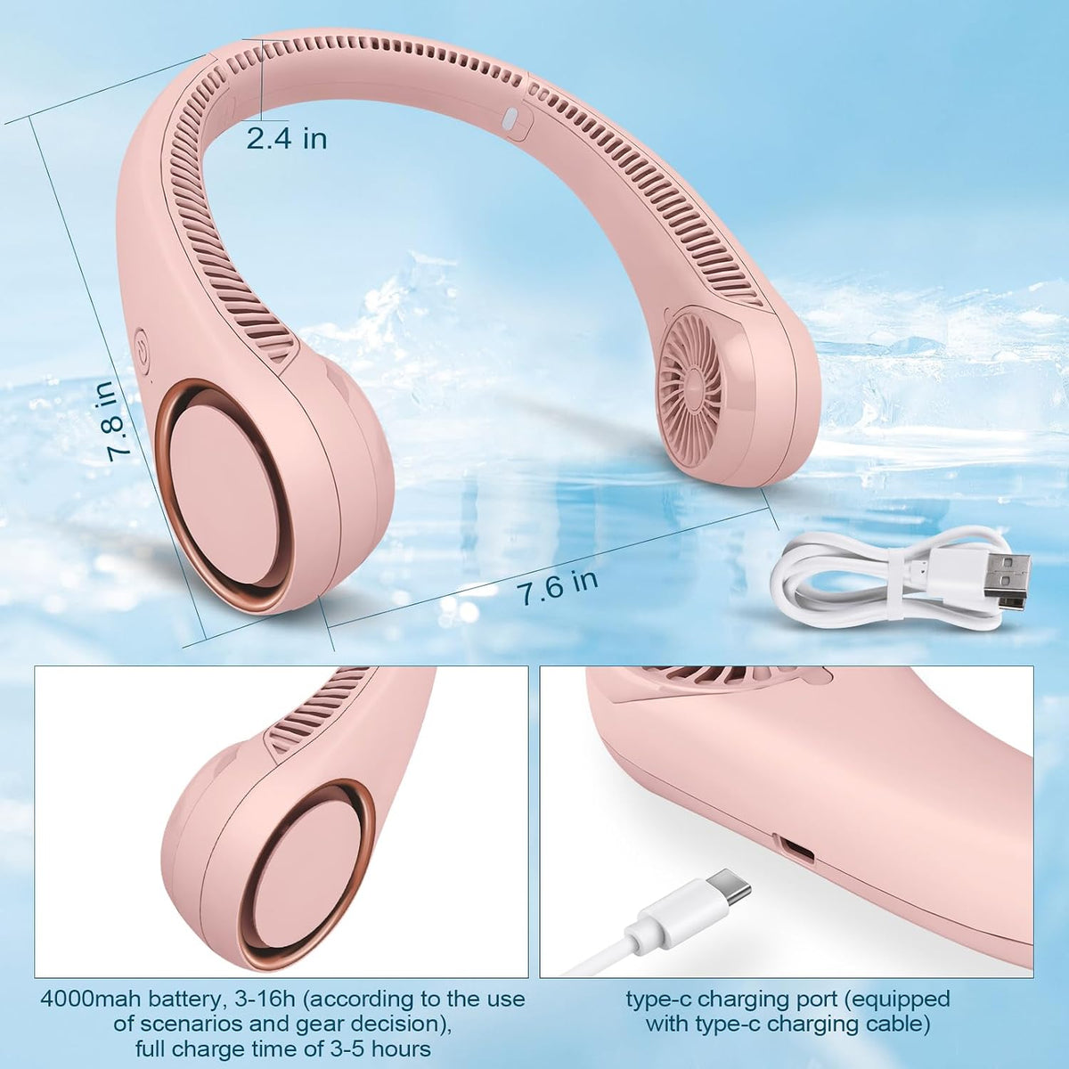 CIVPOWER Neck Fan: Portable Personal Neck Cooling Rechargeable Bladeless Fan - Hands Free 3 Speed 4000 mAh Battery USB Operated Wearable Headphone Design - Gift for Men Women Outdoor (White)