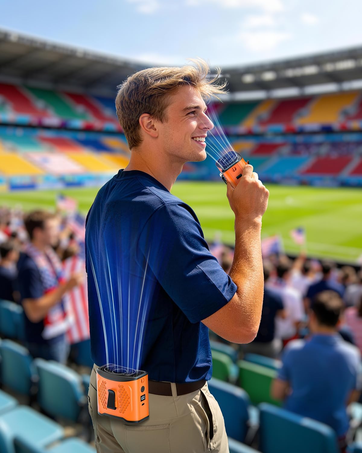 Portable Waist Fan Clip On, 4 Speeds 13000RPM Strong Airflow with 10000mAh Battery & Mobile Charging, Wearable Shirt Fan for Neck with SOS Light, LCD Display, for World Cup, Outdoor, Hiking, Working