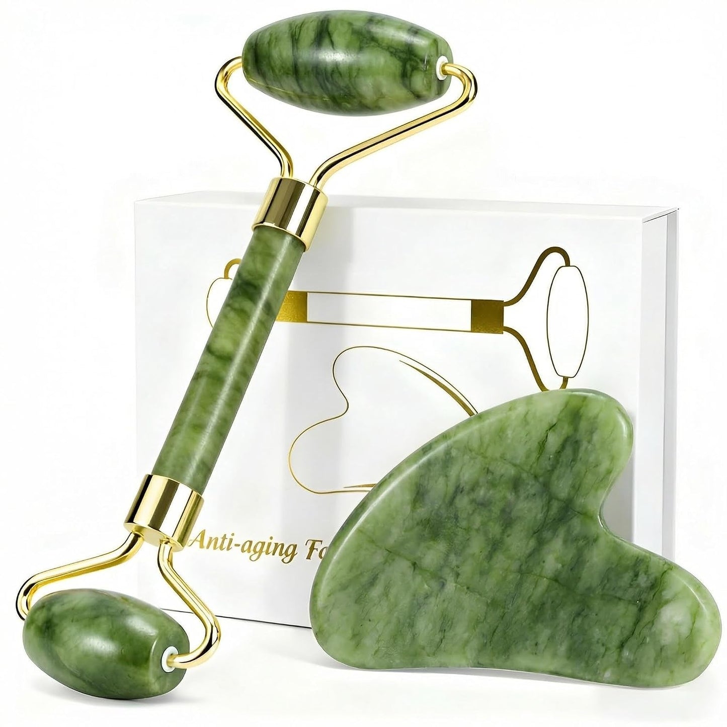 Jade Roller & Gua Sha Set - Natural Jade Face Roller Facial Massage Skincare Tools for Women,Reduce Puffiness and Fine Lines (Forest Green) | natural jade roller,gua sha tool,ice roller to reduce puffiness,dual head massage roller