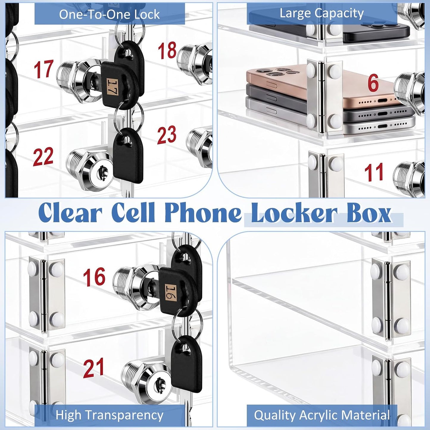 Layhit 20 Slots Cell Phone Locker Box for Classroom Clear Acrylic Cell Phone Storage Cabinet Bin with Door Locks for Classroom School Students Office Factory Employees