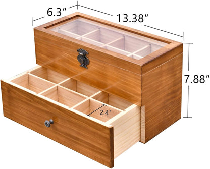 WELLAND Wood Tea Bag Organizer, Storage Box with Clear Acrylic Window, 2-layer 14 Compartments Large Capacity Tea Bag Holders, Gift Idea