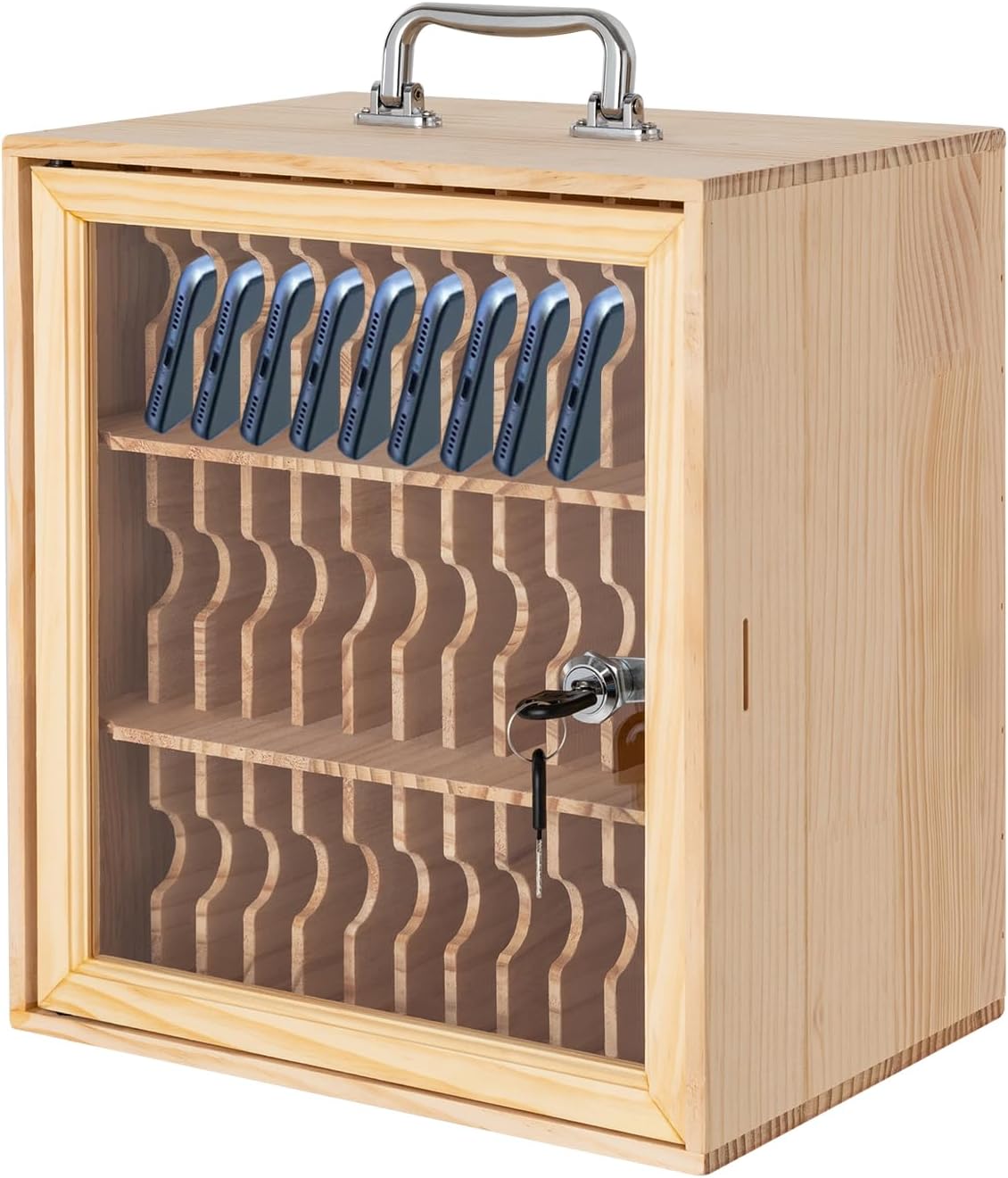 36-Slot Solid Wood Mobile Phone Storage Box, Multi-Slot Lockable Cell Phones Cabinet Wall-Mount& Desktop Phone Holder for School Office