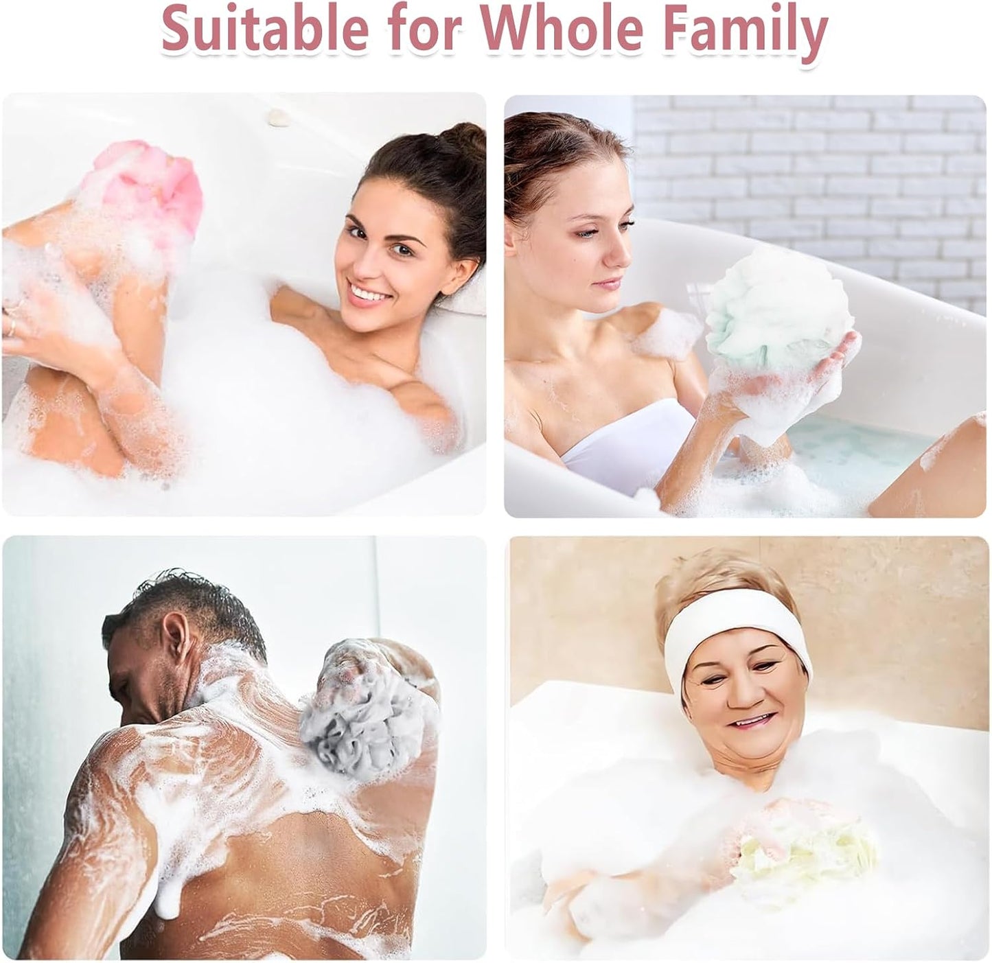 Rnoafmu Shower Loofah Bath Sponge, 60G Loofah Exfoliating Body Scrubber, 4 Color Mesh Shower Pouf Balls for Body Wash (Pink Green White Gray)