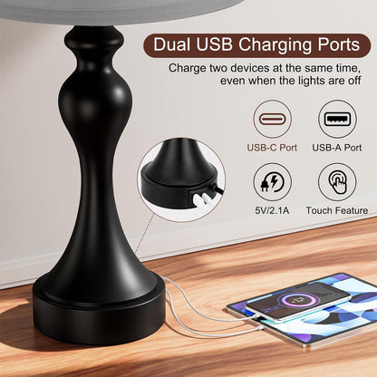 Touch Lamps for Nightstand, 3 Way Dimmable Bedside Lamps with USB C+A Ports