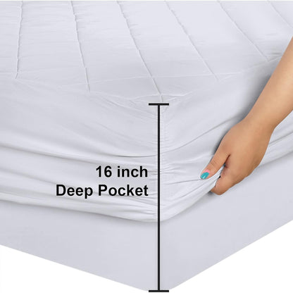 Quilted Fitted Mattress Pad, Queen Mattress Protector Topper with Deep Pocket Stretches up to 16 Inches, Machine Washable Mattress Cover by Utopia Bedding (White)
