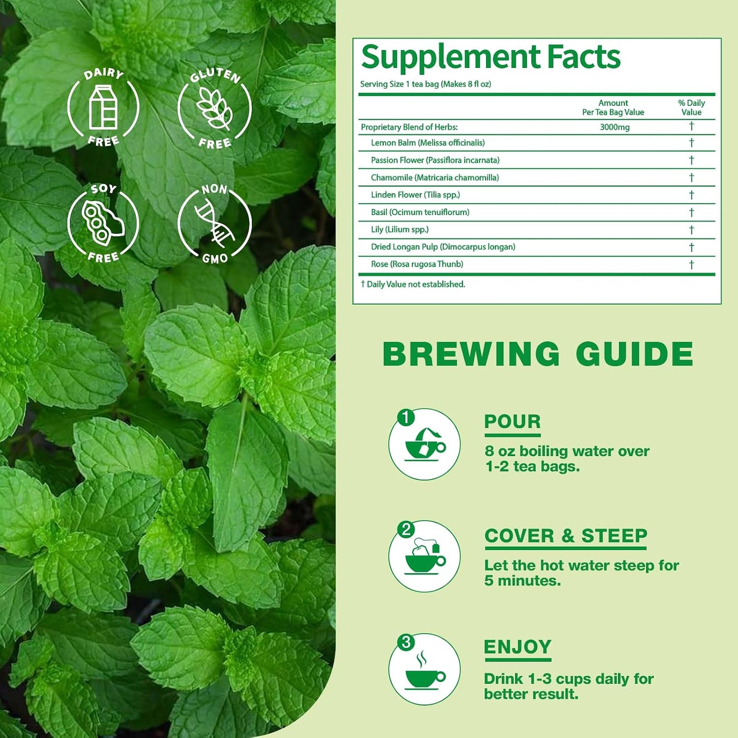 EnrychLeafo Lemon Balm Leaves Tea for Relaxation & Sleep Support, 8-in-1 Calming Herbal Blend with Chamomile & Passionflower, Caffeine Free, 50 Tea Bags