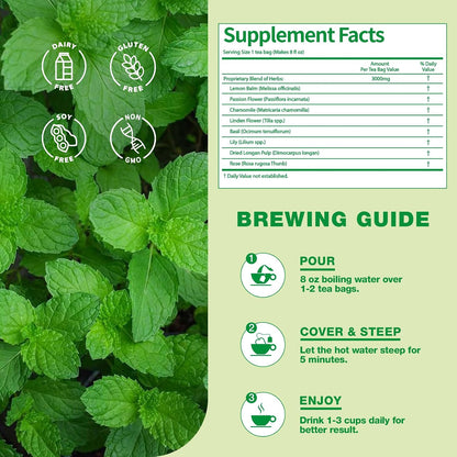 EnrychLeafo Lemon Balm Leaves Tea for Relaxation & Sleep Support, 8-in-1 Calming Herbal Blend with Chamomile & Passionflower, Caffeine Free, 50 Tea Bags