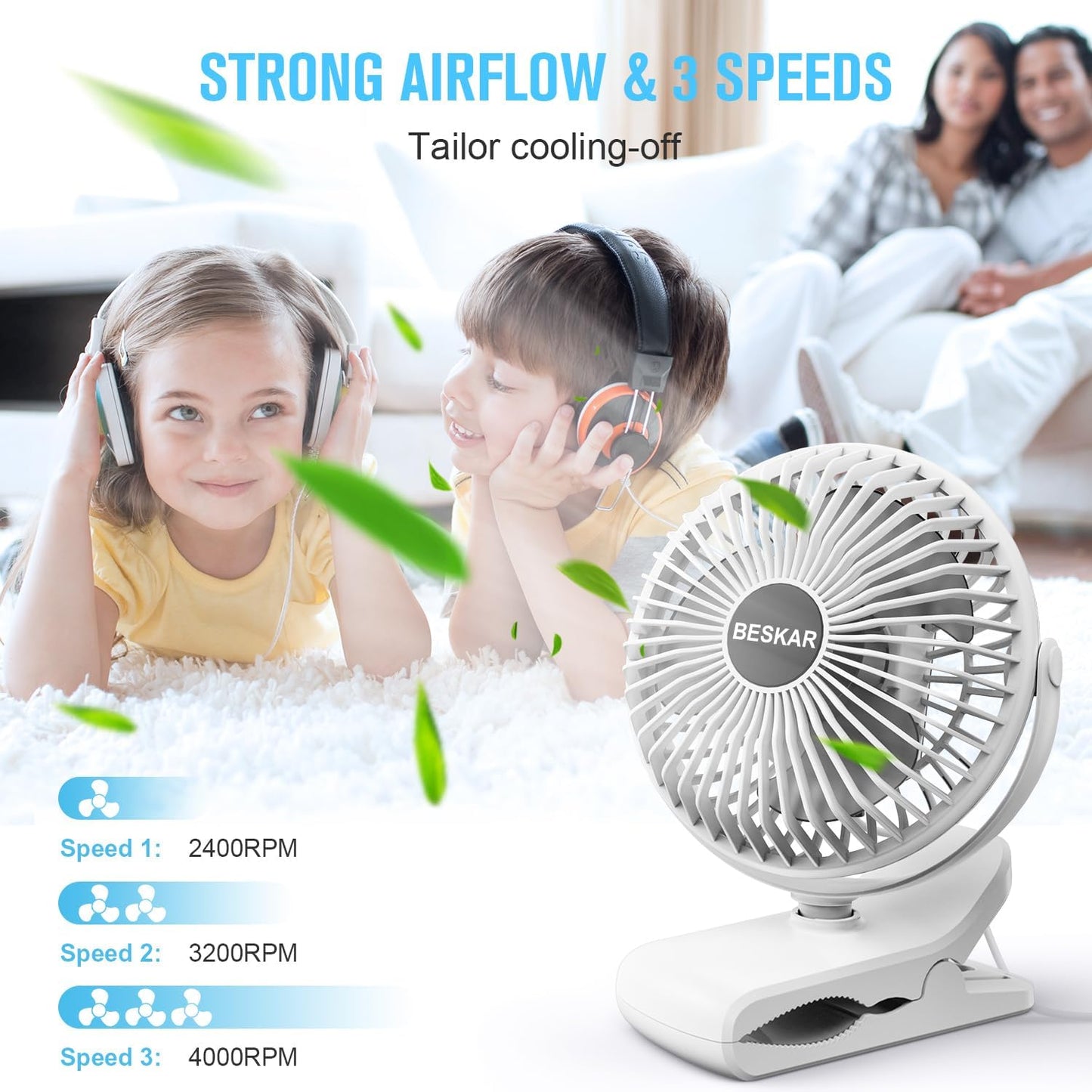 BESKAR Small Clip on Fan, 3 Speeds USB Fans with Strong Airflow, Clip & Desk Fans USB Plug in with Sturdy Clamp - Ultra Quiet operation for Office Dorm Bedroom Stroller