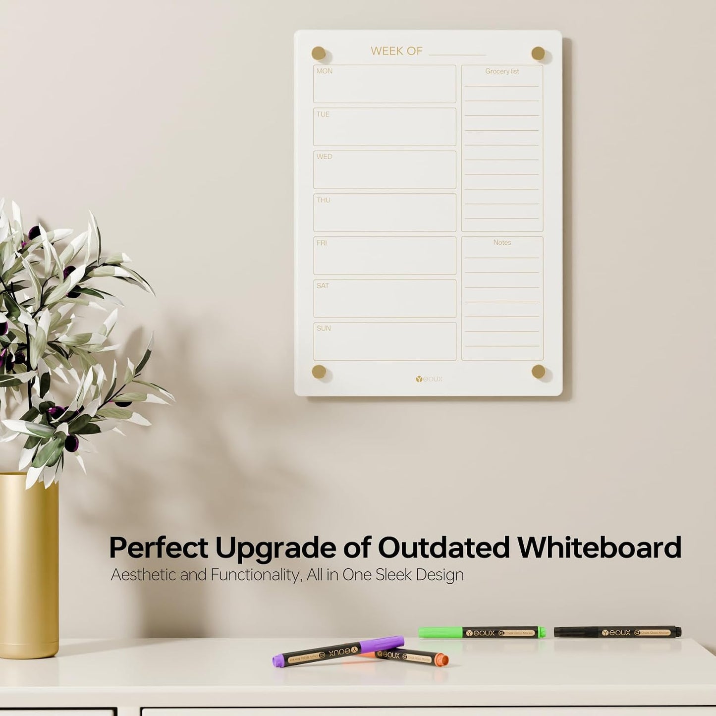 Yeoux Black Glass Golden Weekly & Menu Dry Erase Calendar Board 15“x11