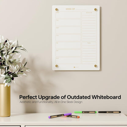 Yeoux Black Glass Golden Weekly & Menu Dry Erase Calendar Board 15“x11