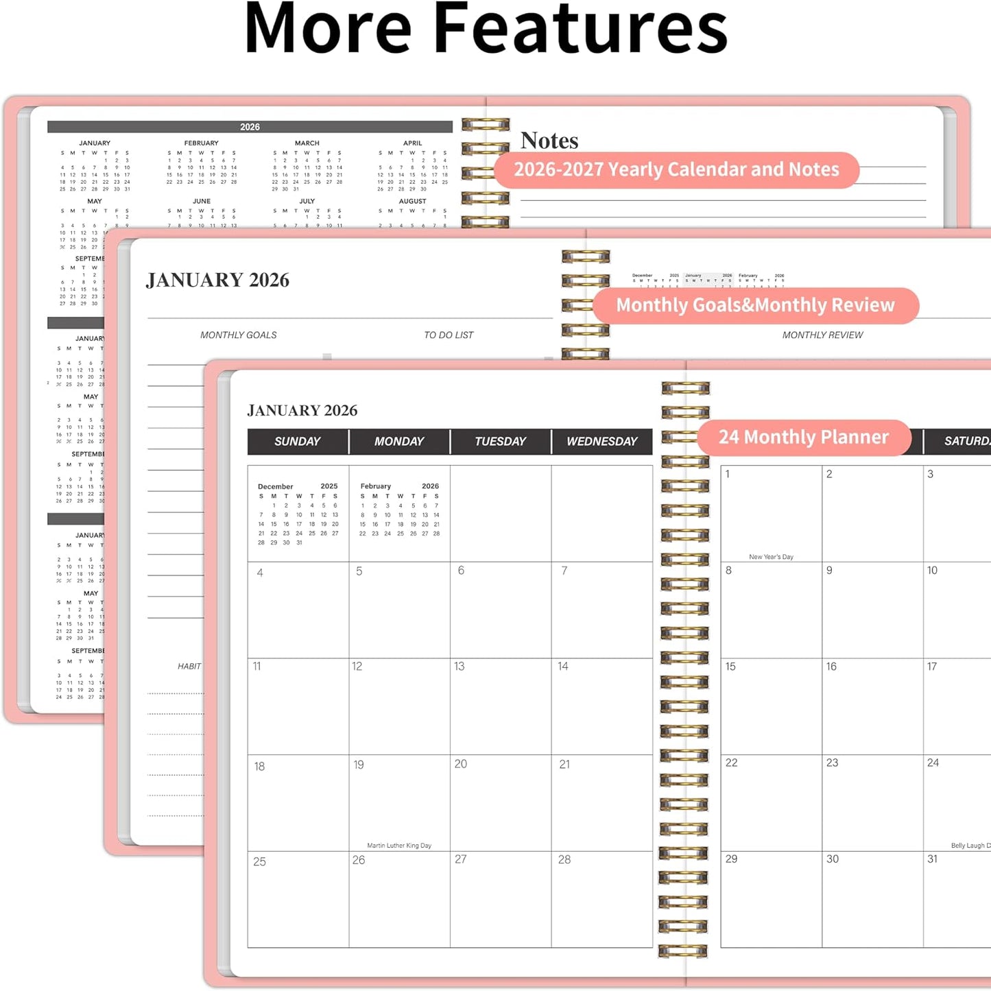 KMQOY Monthly Planner 2026-2027, 2026 Calendar 24 Months Planner, Jan 2026 - Dec 2027, 7.5"x10", Personal Calendar with Monthly Goals, To-Do List, Habit Tracker, 2 years for School Office Home Planning(Black)