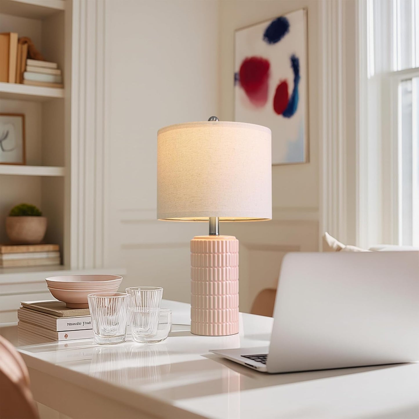 PoKat 20.75" Small Modern Ceramic Table Lamps Set of 2 for Bedroom, White Bedside Lamps for Night Stands, Farmhouse Desk Home Decor Gift Nightstand Table Lamps for Living Room End Table Beige