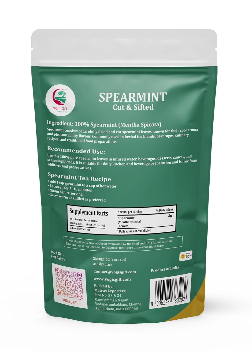 Yogi's Gift Spearmint Leaves 1 lb, Dried Spearmint Leaves for Herbal Tea