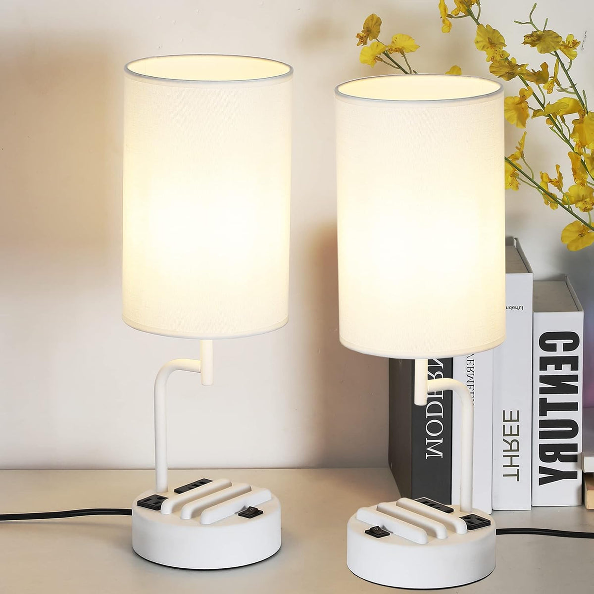 Dreamholder Table Lamp with 3 USB Charging Ports, Modern Desk Lamp with AC Outlet and Phone Stands, Perfect Bedside Lamp for Bedroom, Living Room, Office (Pack of 2), Cream