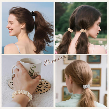 LULUSILK Small Silk Hair Ties No Damage, 100% Real Mulberry Silk, Skinny Scrunchies Ponytail Holders for Thin Fine Hair, Brown, Pack of 3