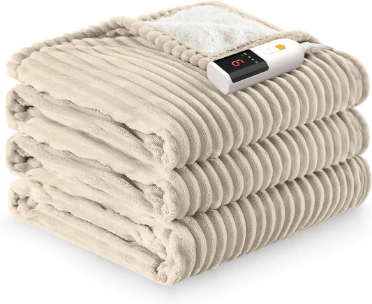 Reaks Electric Heated Throw Blanket, Silky Soft Flannel & Sherpa Heating Blanket Throw with 5 Heat Levels & 3 Hours Auto Off, Warm Gifts for Women Mom Grandma, ETL Certified (50x60 inches, White)
